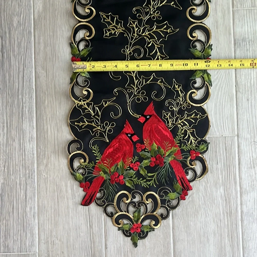 Holiday embroidered cardinal holly berry black gold table runner Christmas 67x12